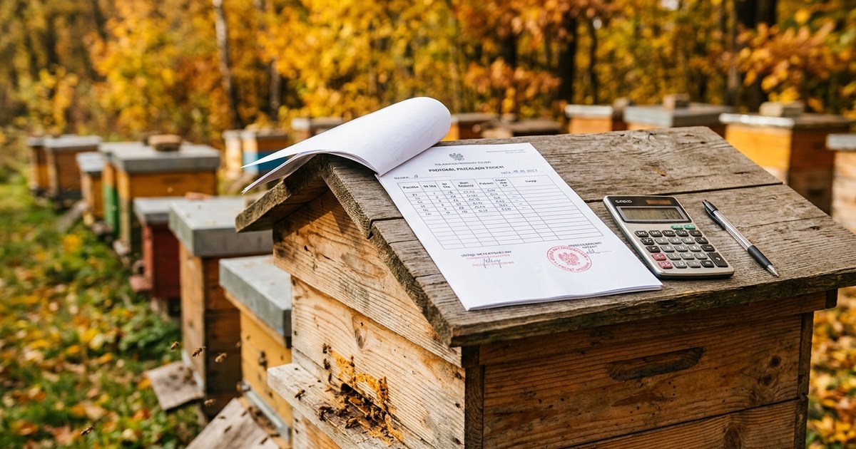 Dokument z tabelą i kalkulator na daszku ula — dotacje dla pszczelarzy po 2027 roku