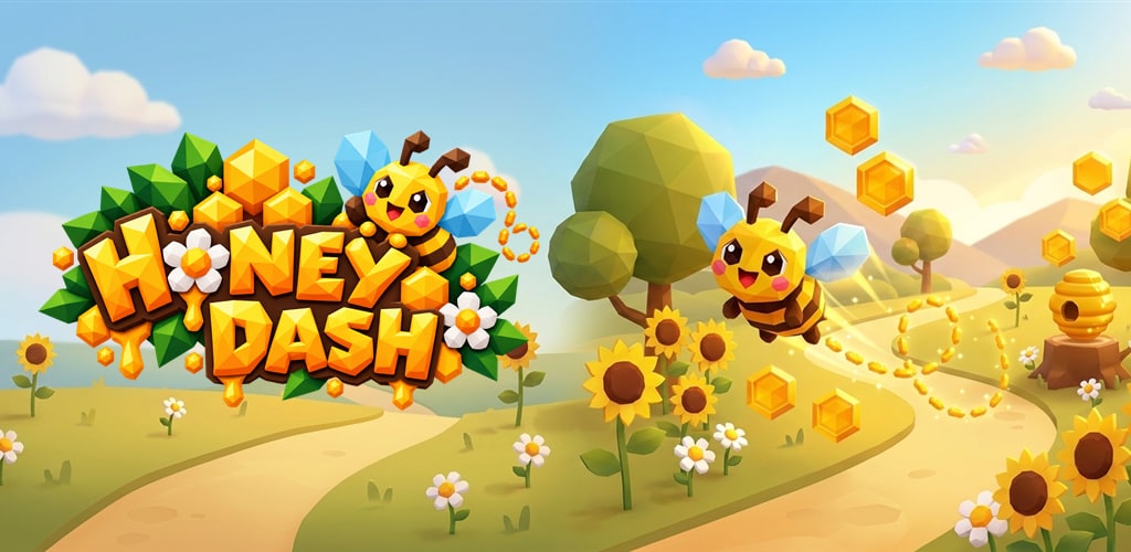 Grafika gry Honey Dash: uśmiechnięta pszczoła leci nad ścieżką wśród słoneczników i stokrotek w stronę ula na pniu, obok logo gry