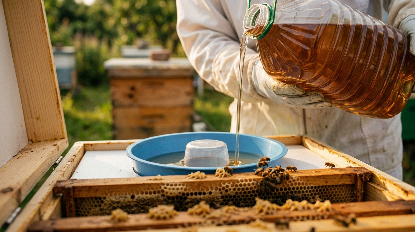 Pszczelarz sprawdza podkarmiacz górny z syropem cukrowym wewnątrz ula