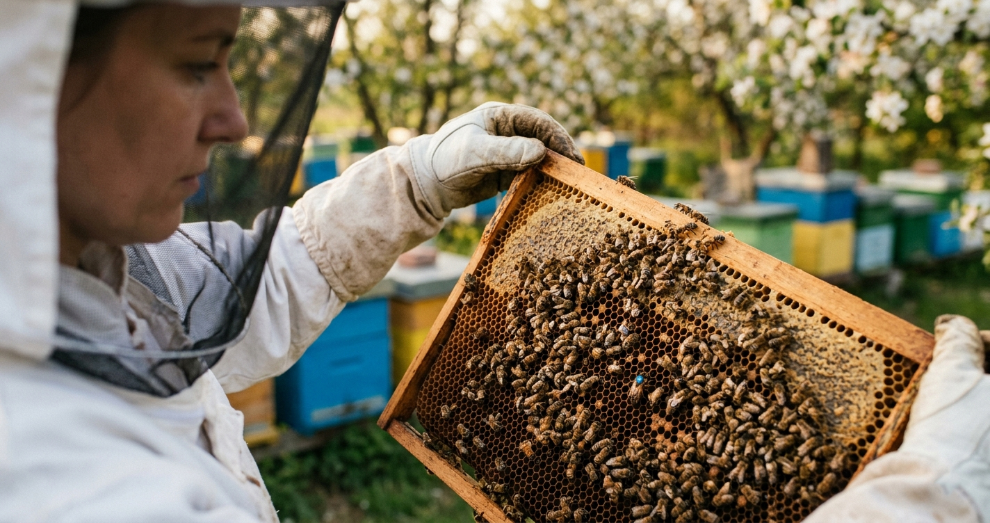Matka pszczela oznaczona niebieską farbką na ramce z czerwiem