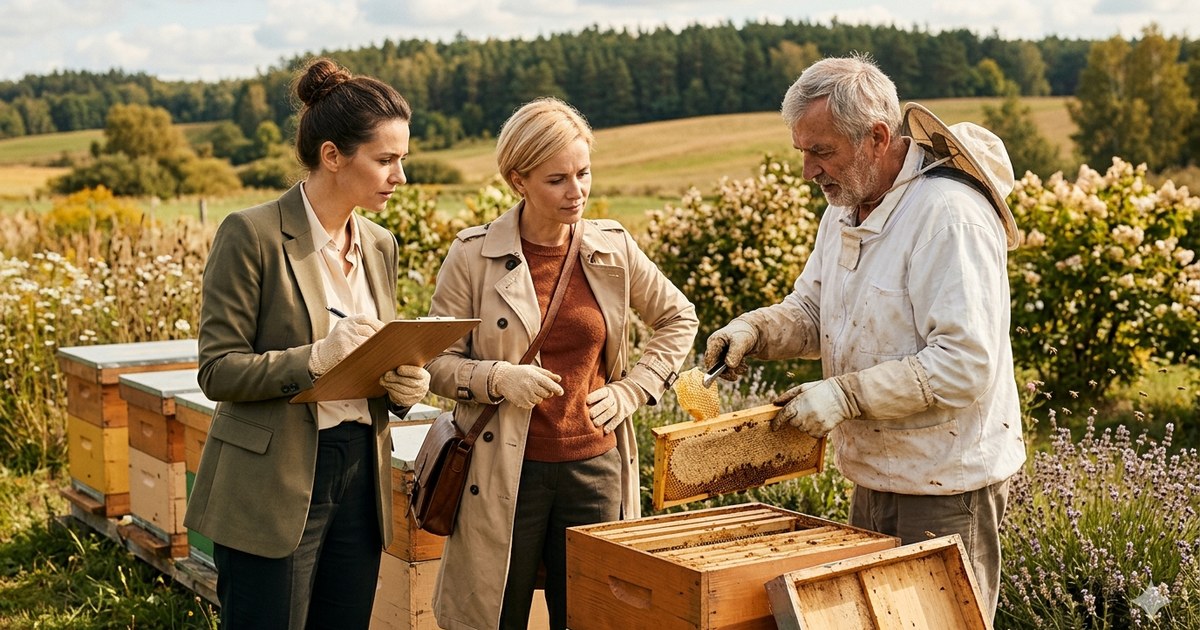 Kontrola miodu w pasiece — inspektorka z notatnikiem ogląda ramkę z plastrem pokazywaną przez pszczelarza w kombinezonie
