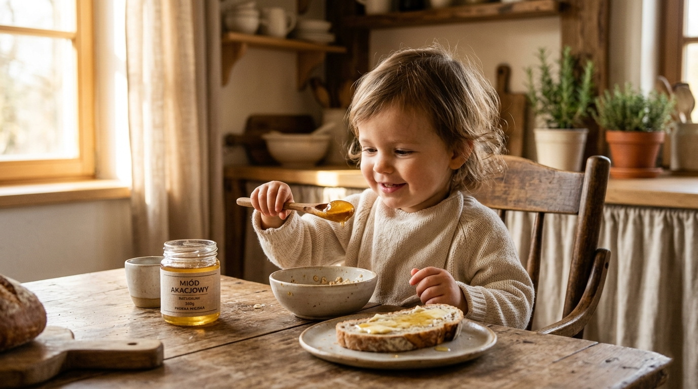 Słoik miodu akacjowego z drewnianą łyżeczką i śniadanie dziecka na drewnianym stole w ciepłym świetle