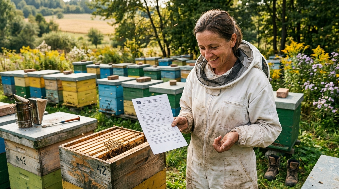 pszczelarz przy ulach sprawdzający dokumenty rejestracyjne pasieki