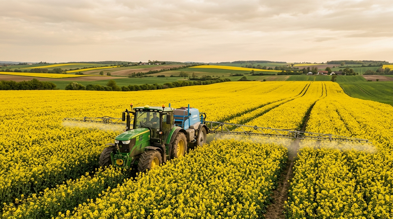 Traktor z opryskiwaczem na polu kwitnącego rzepaku, w tle widoczna pasieka pszczelarska, słoneczny wiosenny dzień, perspektywa pszczelarza pilnującego sąsiedztwa pól towarowych