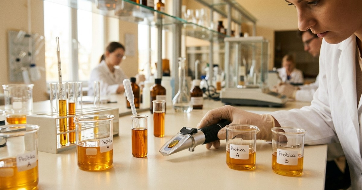 Laboratoryjne badanie próbek miodu — refraktometr i naczynia z próbkami na stole laboratoryjnym