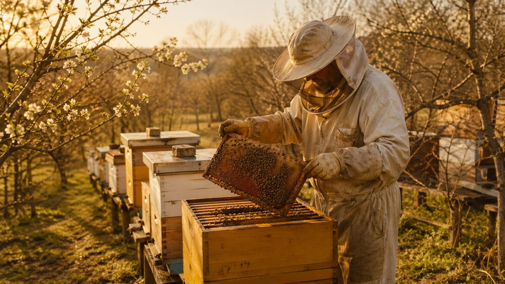 Pszczelarz sprawdzający ramki podczas pierwszego wiosennego przeglądu ula.