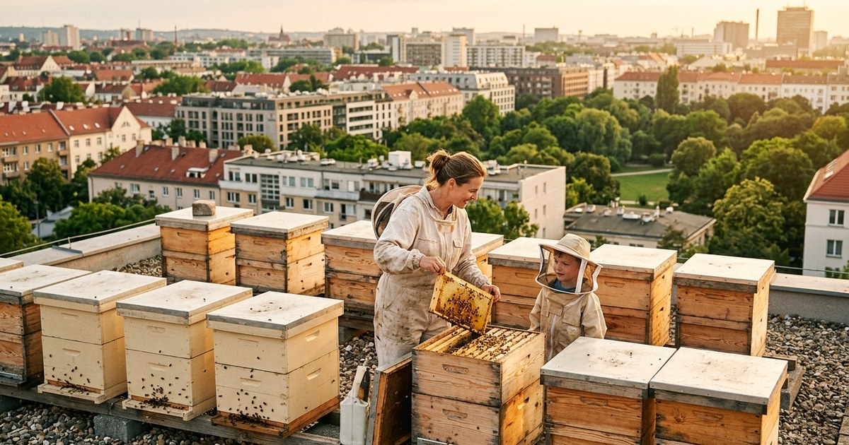 Drewniane ule pszczele ustawione na płaskim dachu budynku w mieście, w tle miejska zabudowa i zieleń