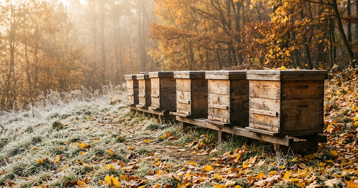 Przygotowanie pasieki do zimy — rząd drewnianych uli z zawężonymi wylotkami w oszronionej, jesiennej pasiece
